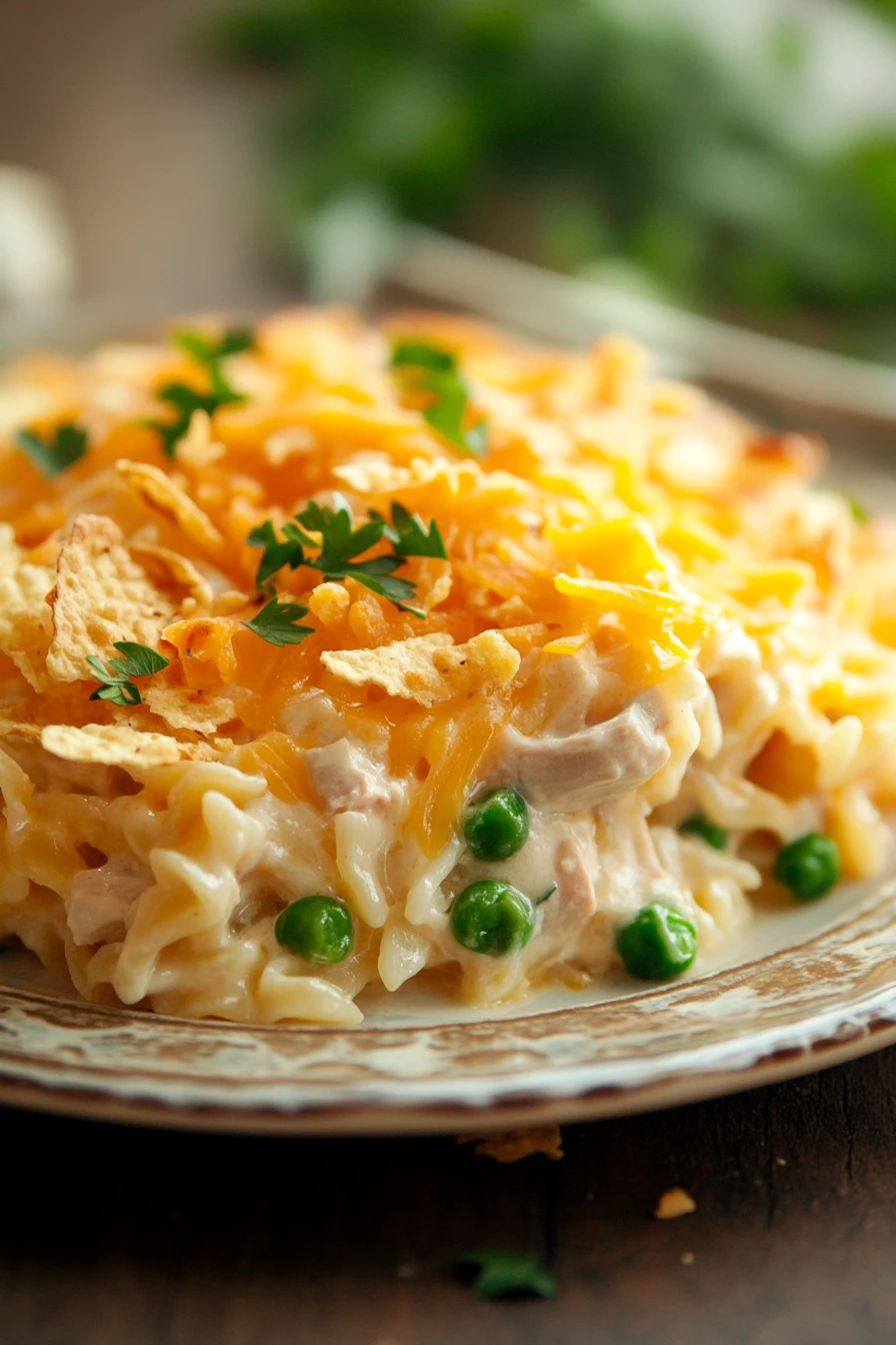 Close-up of a creamy tuna casserole with melted Velveeta cheese on top, served in a white dish.