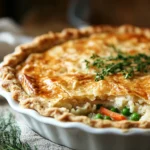 Close-up of a turkey dinner leftover pie with golden crust and hearty filling