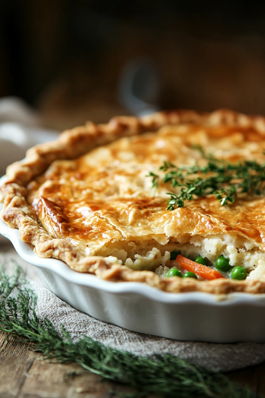 Close-up of a turkey dinner leftover pie with golden crust and hearty filling