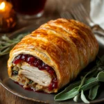 Close-up of a turkey dinner wellington with golden pastry and filling on a clean background.