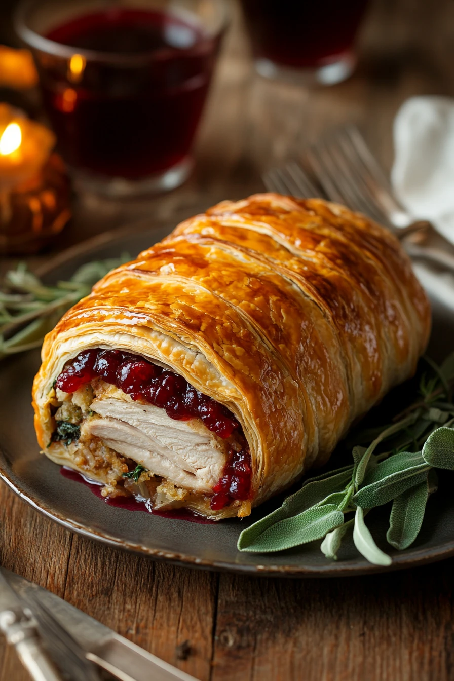 Close-up of a turkey dinner wellington with golden pastry and filling on a clean background.