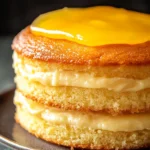 Close-up of a vanilla cake with lemon curd, showcasing bright textures and minimal background.