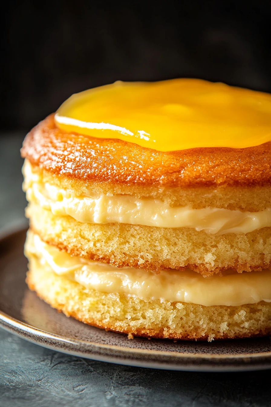 Close-up of a vanilla cake with lemon curd, showcasing bright textures and minimal background.