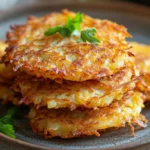 Crispy vegan potato latkes cooked in an air fryer, served on a white plate.