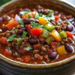 Close-up of venison chili in a slow cooker with beans and spices