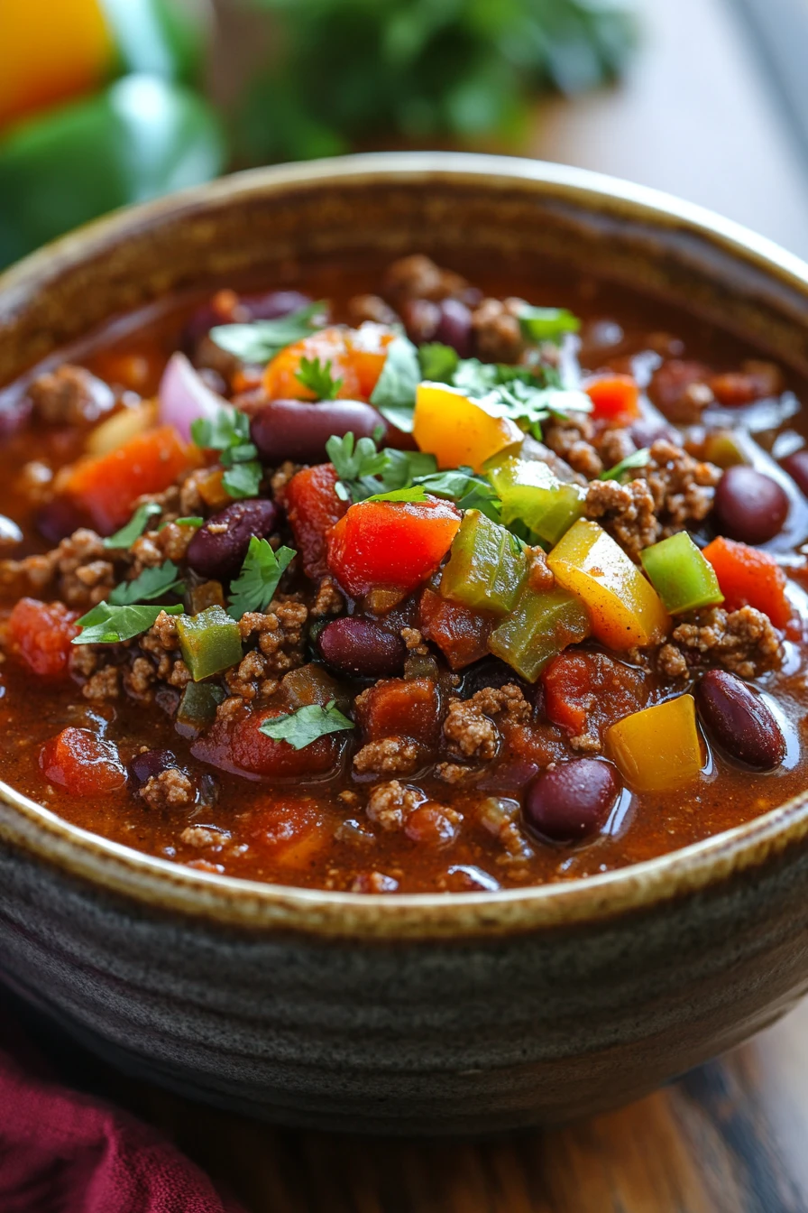 Close-up of venison chili in a slow cooker with beans and spices
