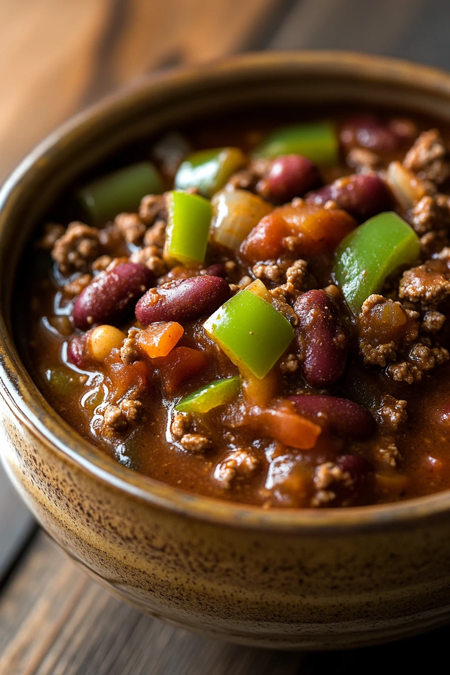 Close-up of Wendy's copycat chili in the slow cooker with beans and beef.