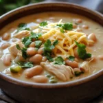 Close-up of white chicken chili in a slow cooker with Greek yogurt and herbs.