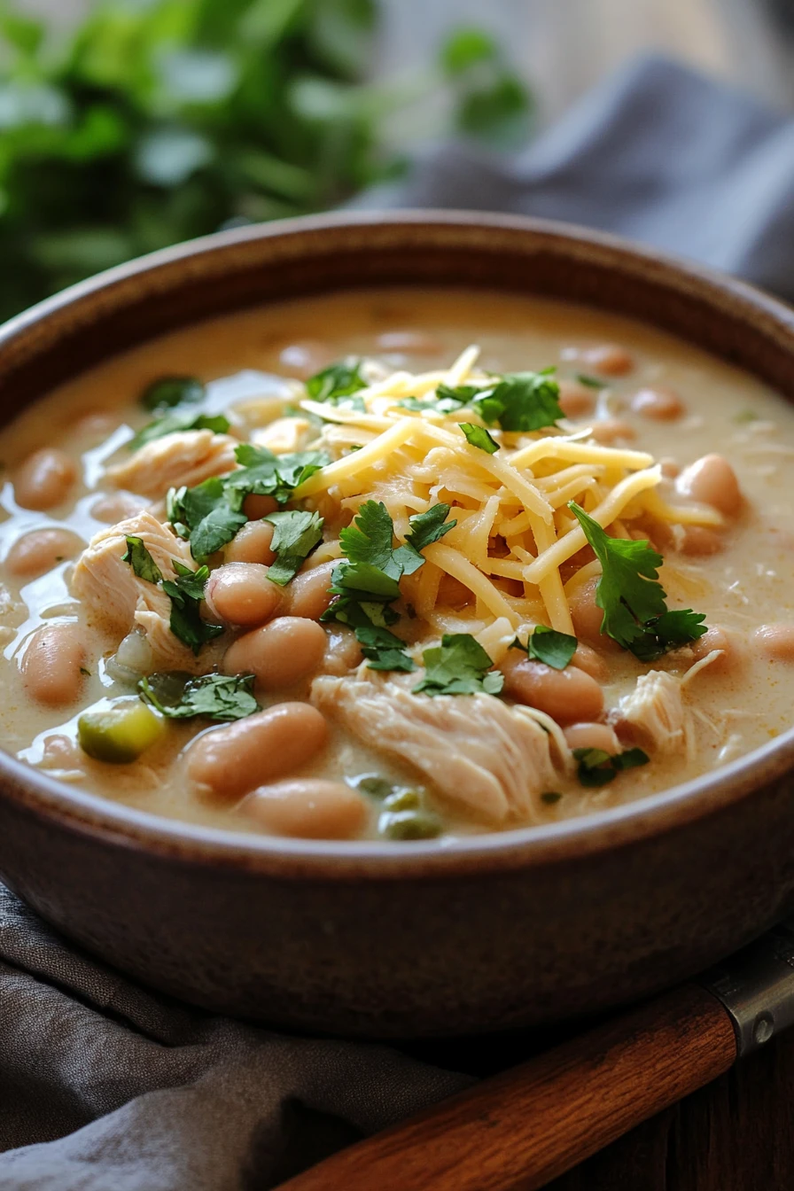 Close-up of white chicken chili in a slow cooker with Greek yogurt and herbs.
