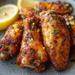 Close-up of crispy lemon pepper wings cooked in an air fryer, garnished with lemon slices.