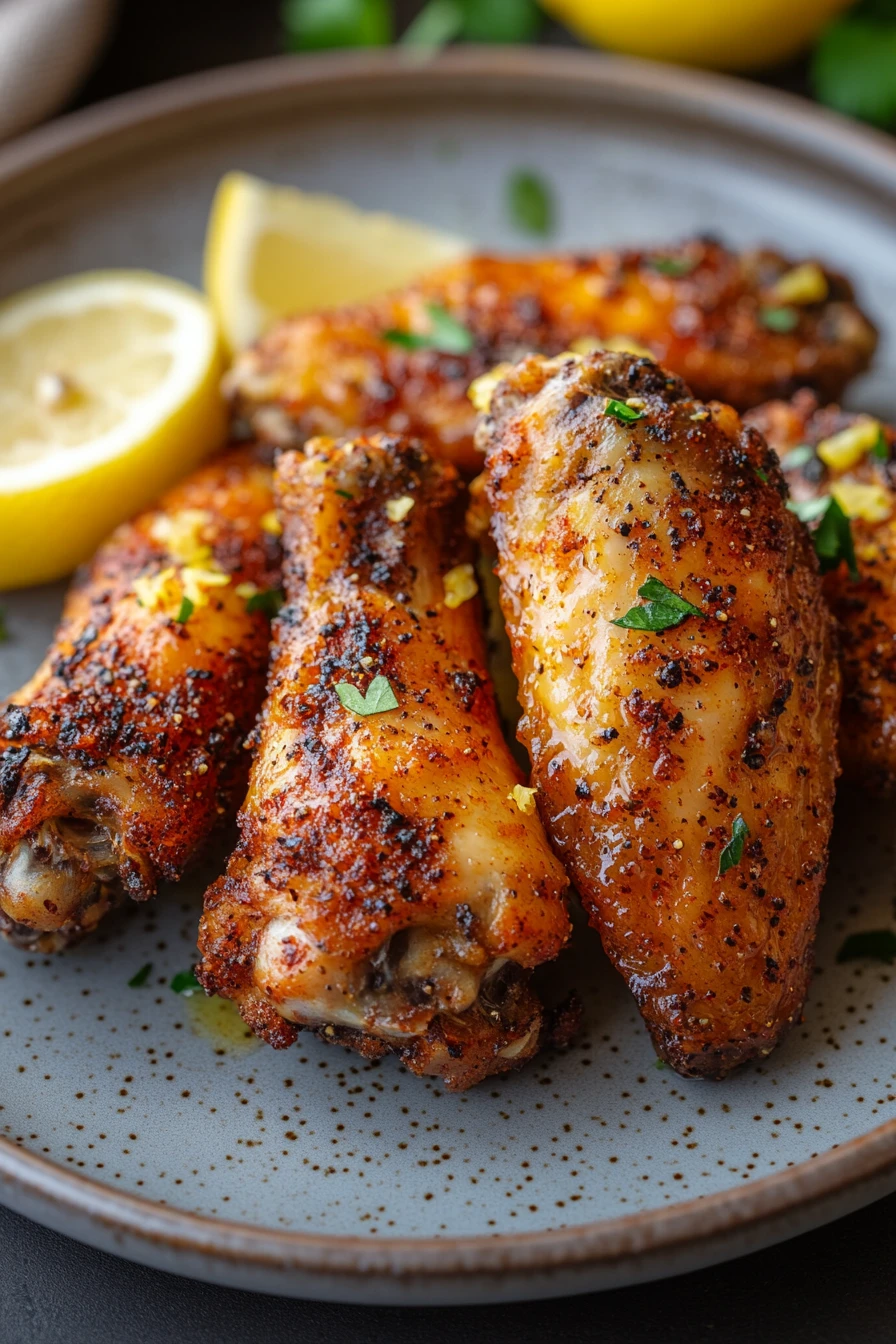 Close-up of crispy lemon pepper wings cooked in an air fryer, garnished with lemon slices.