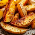 Close-up of crispy yellow potatoes cooked in an air fryer, golden and appetizing.