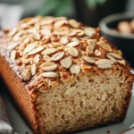 Close-up of zucchini almond bread with a golden crust and almond slices on top.