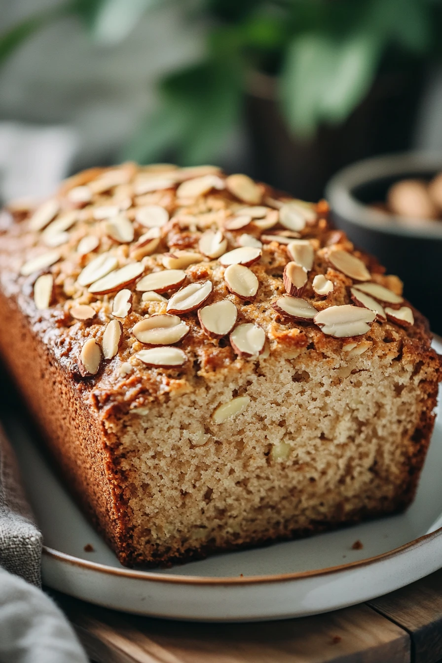 Close-up of zucchini almond bread with a golden crust and almond slices on top.