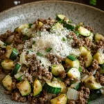 Close-up of a zucchini and ground beef dinner with bright lighting and minimal background.