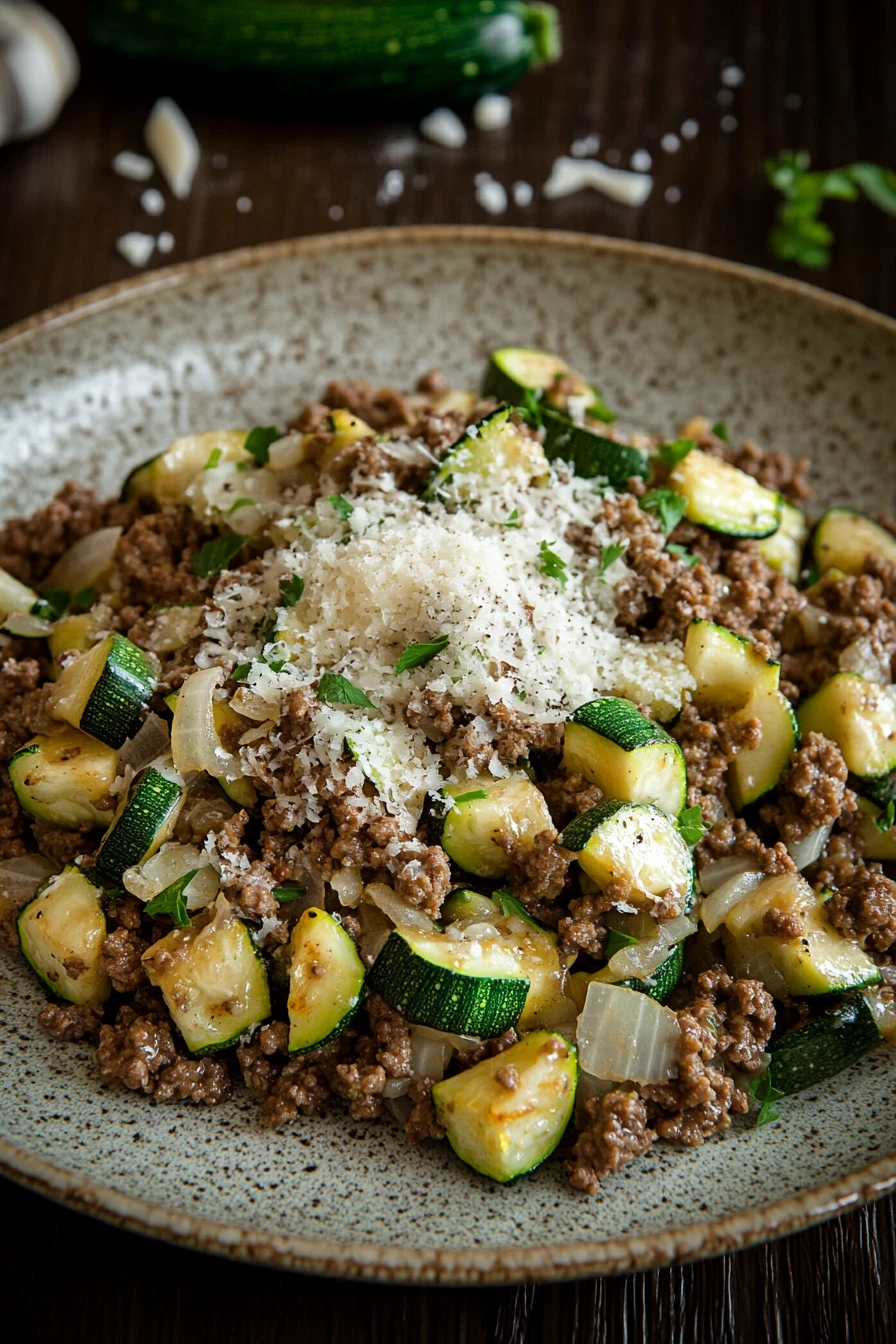 Close-up of a zucchini and ground beef dinner with bright lighting and minimal background.