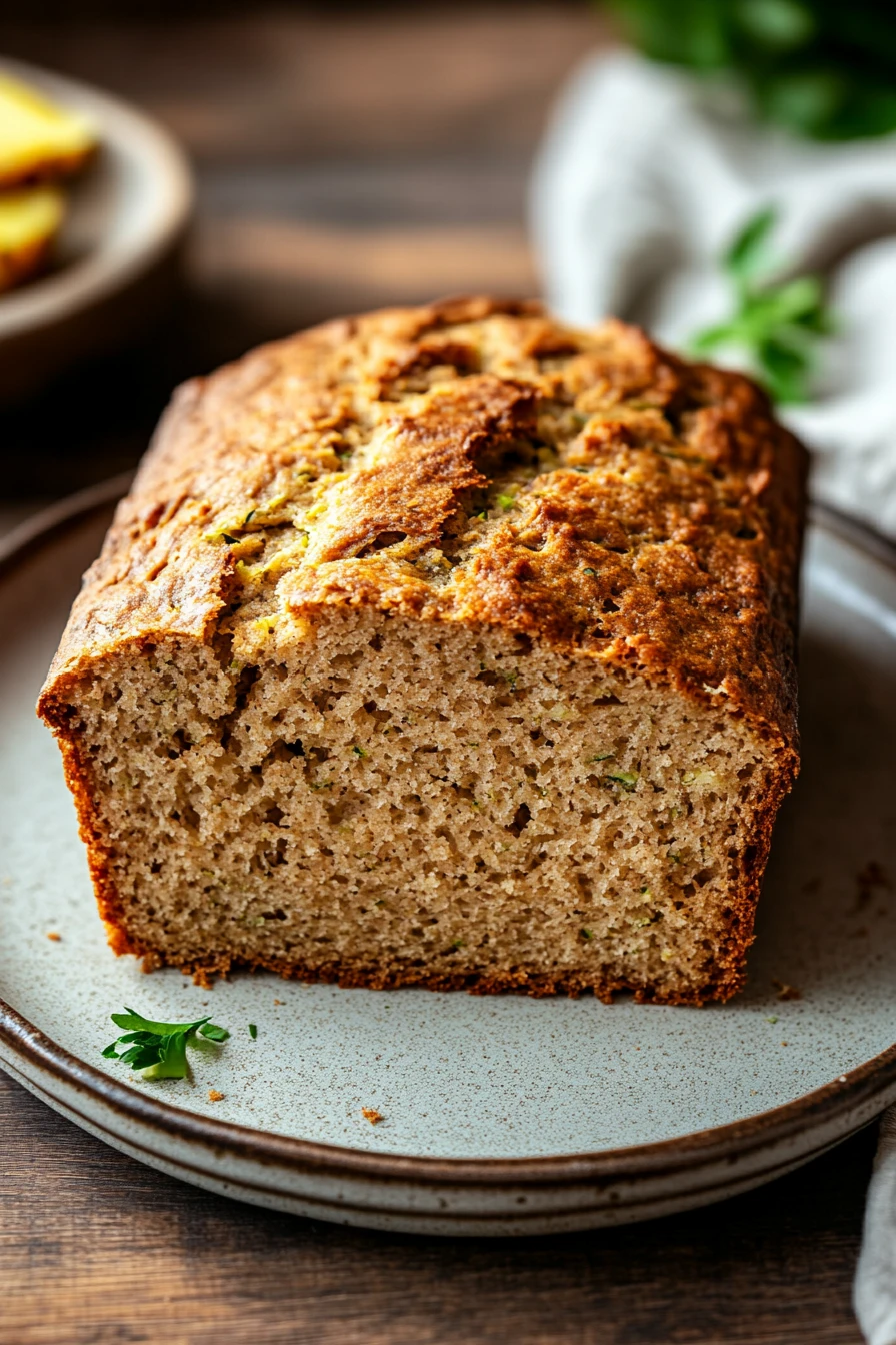 Close-up of freshly baked zucchini bread with pineapple, showcasing a golden crust and moist texture.