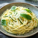 Close-up of creamy pasta with zucchini slices, perfect for a delicious dinner.