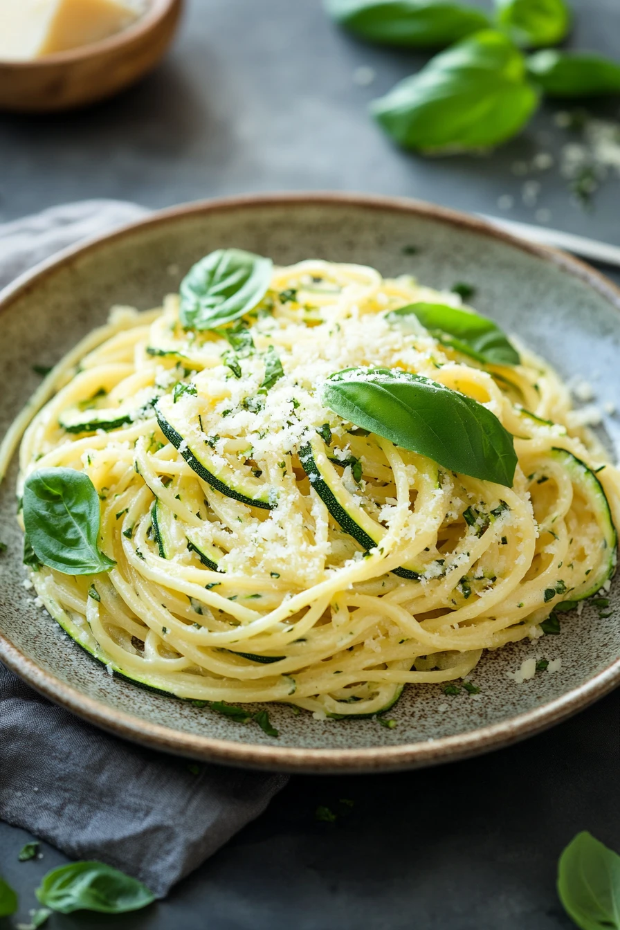 Close-up of creamy pasta with zucchini slices, perfect for a delicious dinner.