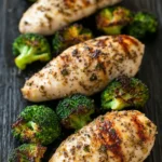 Air fryer chicken breast and broccoli - the image shows three pieces of grilled chicken breasts on a black wooden surface. the chicken breasts are golden brown and appear to be seasoned with herbs and spices. there are also a few pieces of broccoli scattered around the chicken breasts. the broccoli is bright green and looks fresh and healthy. the background is blurred, but it appears to be a kitchen countertop.
