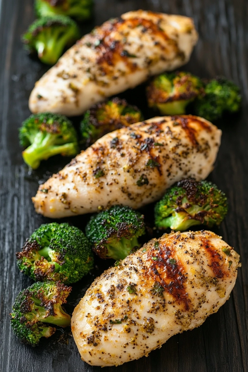 Air fryer chicken breast and broccoli - the image shows three pieces of grilled chicken breasts on a black wooden surface. the chicken breasts are golden brown and appear to be seasoned with herbs and spices. there are also a few pieces of broccoli scattered around the chicken breasts. the broccoli is bright green and looks fresh and healthy. the background is blurred, but it appears to be a kitchen countertop.