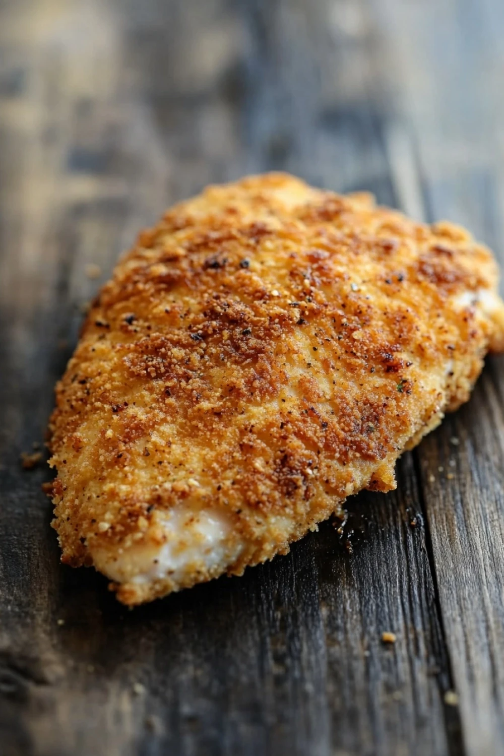 Air fryer chicken breast crispy - the image shows a piece of breaded chicken breast on a wooden surface. the chicken breast is golden brown and appears to be seasoned with herbs and spices. the breadcrumbs are scattered across the top of the chicken breast, giving it a crispy texture. the wooden surface has a weathered and aged appearance, with visible cracks and chips. the background is blurred, making the chicken the focal point of the image.