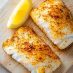 Air fryer frozen tilapia - the image shows two pieces of fish fillets on a wooden cutting board. the fillets are golden brown and appear to be seasoned with spices and herbs. there are two lemon wedges on the cutting board, one on each side of the fillets. the cutting board is placed on a white wooden table. the background is blurred, but it appears to be a kitchen countertop.