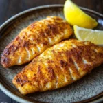 Air fryer frozen tilapia loins - the image shows two pieces of breaded fish on a brown plate. the fish appears to be seasoned with spices and herbs, giving it a golden brown color. there are two lemon wedges on the plate, one on each side of the fish. the plate is placed on a wooden table, and the background is blurred, making the fish the focal point of the image.