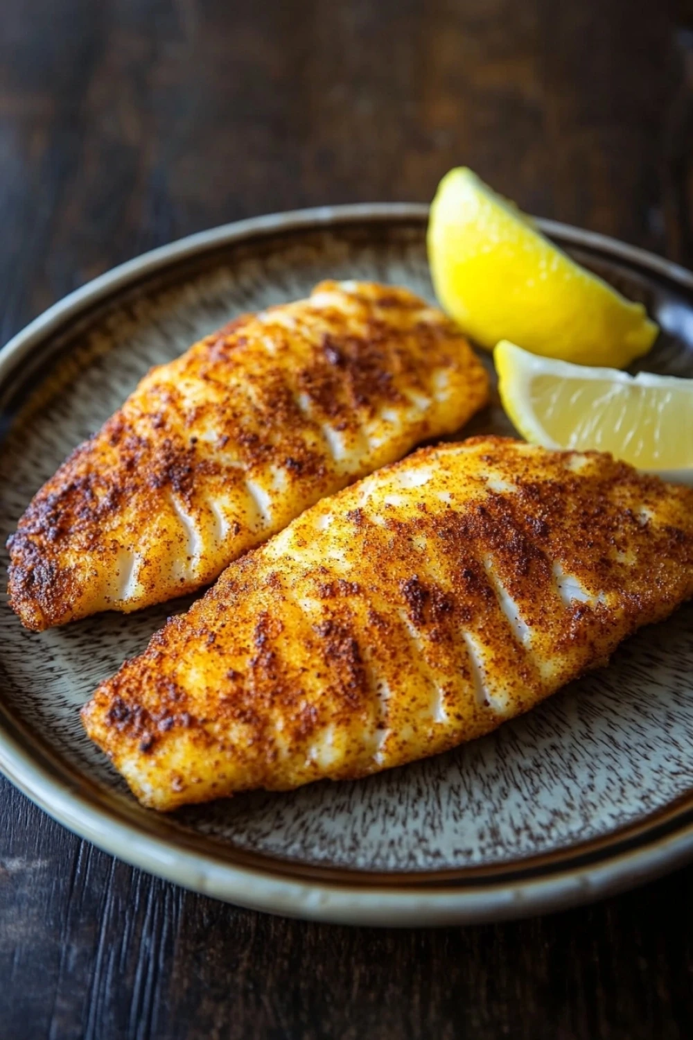 Air fryer frozen tilapia loins - the image shows two pieces of breaded fish on a brown plate. the fish appears to be seasoned with spices and herbs, giving it a golden brown color. there are two lemon wedges on the plate, one on each side of the fish. the plate is placed on a wooden table, and the background is blurred, making the fish the focal point of the image.