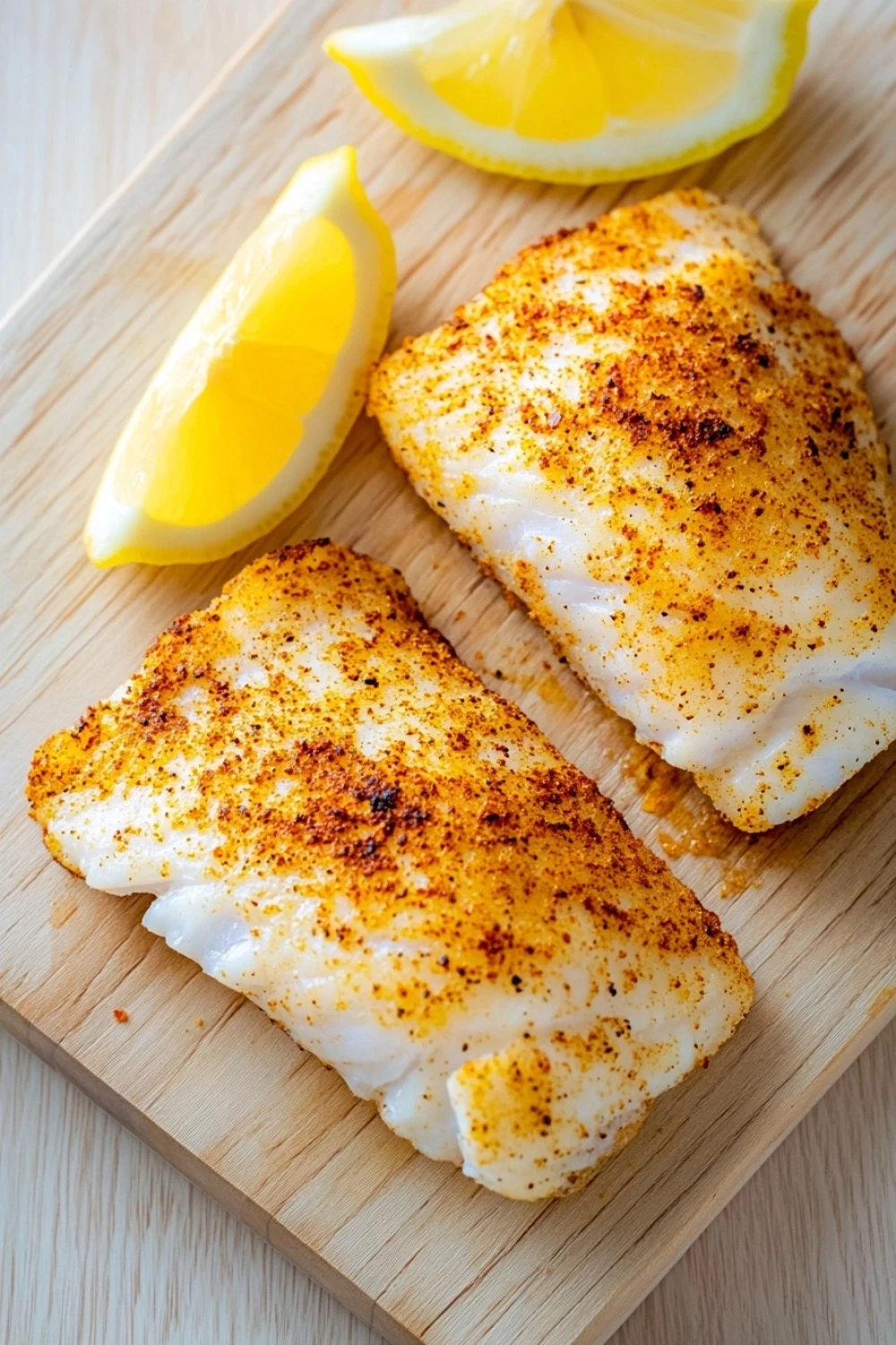 Air fryer frozen tilapia - the image shows two pieces of fish fillets on a wooden cutting board. the fillets are golden brown and appear to be seasoned with spices and herbs. there are two lemon wedges on the cutting board, one on each side of the fillets. the cutting board is placed on a white wooden table. the background is blurred, but it appears to be a kitchen countertop.