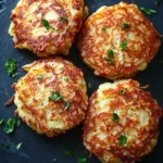Air fryer potato pancakes - the image shows four round, golden-brown, fried food items on a black slate surface. the food appears to be a type of potato or potato fritters, with a crispy texture and a golden brown color. they are garnished with chopped parsley, adding a pop of green color to the dish. the background is dark, making the food stand out even more.