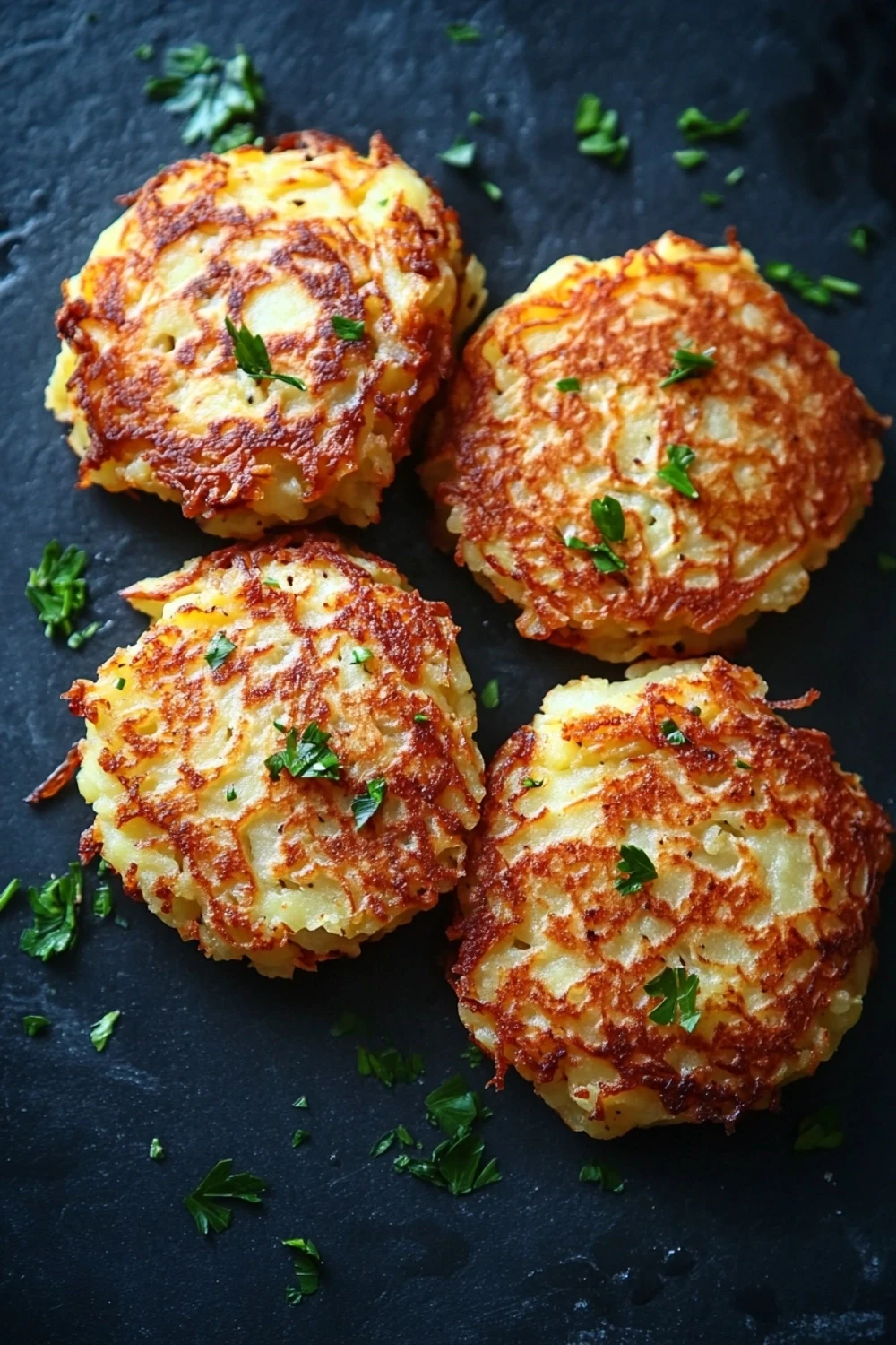Air fryer potato pancakes - the image shows four round, golden-brown, fried food items on a black slate surface. the food appears to be a type of potato or potato fritters, with a crispy texture and a golden brown color. they are garnished with chopped parsley, adding a pop of green color to the dish. the background is dark, making the food stand out even more.