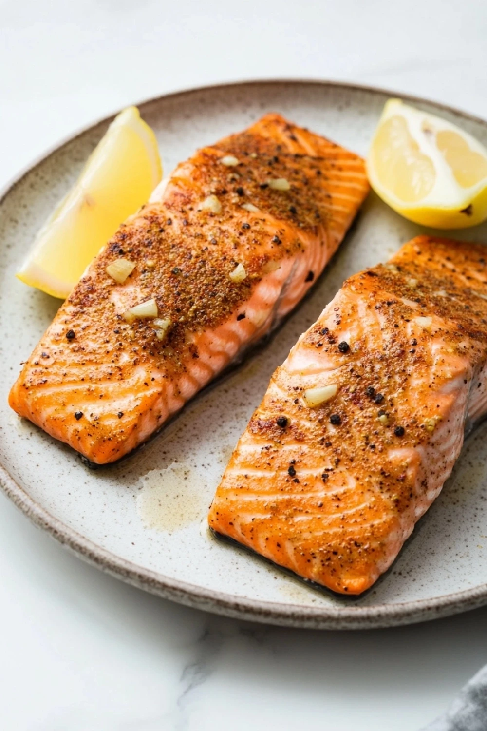 Air fryer salmon cook time - the image shows two pieces of salmon on a gray plate. the salmon is cooked to a golden brown color and appears to be seasoned with herbs and spices. there are two lemon wedges on the plate, one on each side of the salmon. the plate is sitting on a white marble countertop. the background is blurred, but it seems to be a kitchen countertop with a gray and white striped napkin.