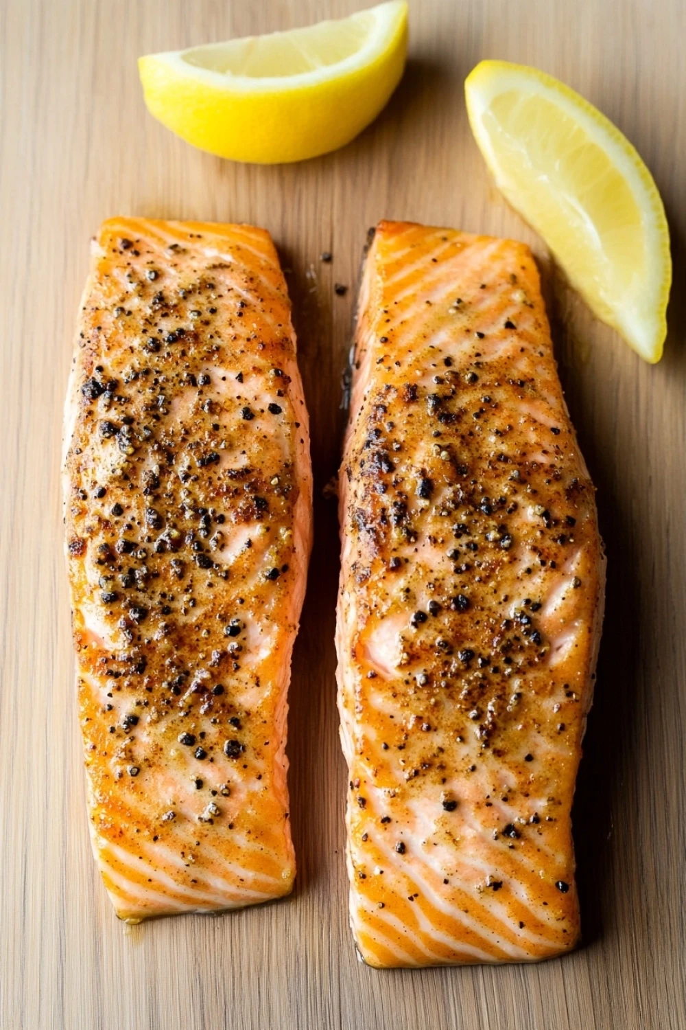 Air fryer salmon crispy - the image shows two pieces of salmon on a wooden cutting board. the salmon is cooked to a golden brown color and appears to be seasoned with black pepper flakes. there are two lemon wedges on either side of the salmon, one on top of the other. the background is a light-colored wood surface.
