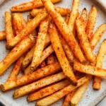 Air fryer wing stop fries - the image shows a plate of freshly baked french fries. the fries are golden brown and appear to be crispy on the outside. they are arranged in a circular pattern on the plate, with some overlapping each other. the plate is white with a light blue rim and has small black speckles scattered throughout. the background is a white marble countertop.