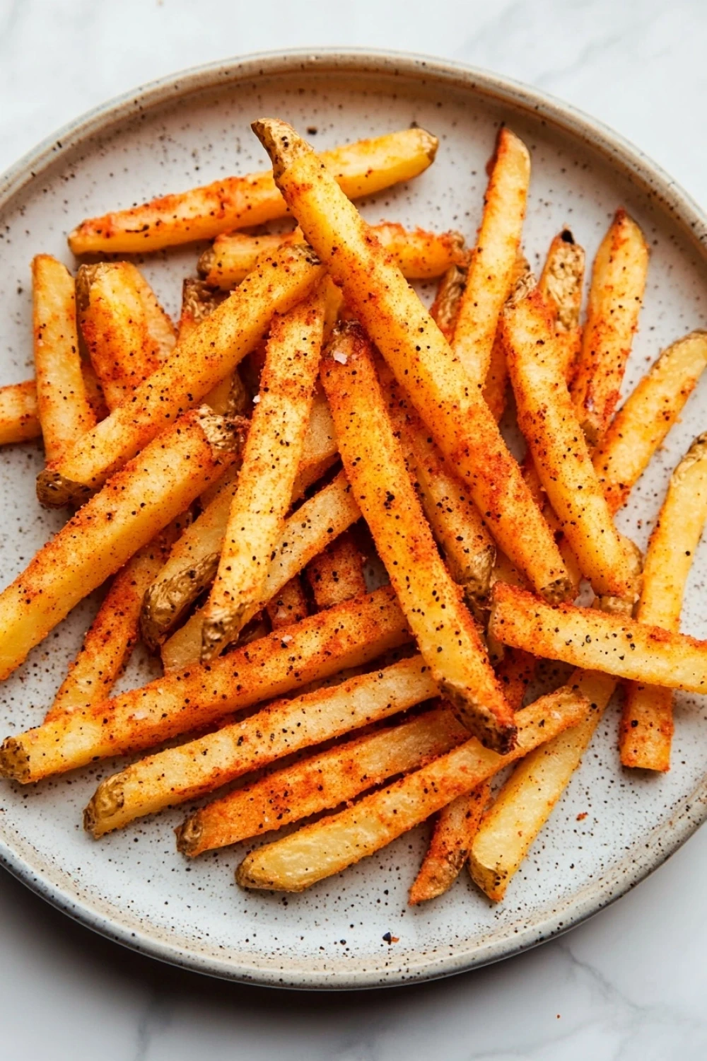 Air fryer wing stop fries - the image shows a plate of freshly baked french fries. the fries are golden brown and appear to be crispy on the outside. they are arranged in a circular pattern on the plate, with some overlapping each other. the plate is white with a light blue rim and has small black speckles scattered throughout. the background is a white marble countertop.