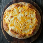 Andys east coast kitchen no knead cheese bread - the image shows a round bread dish on a wooden cutting board. the bread appears to be freshly baked and has a golden brown crust. it is topped with melted cheese, which is spread evenly across the top of the bread. the cheese is a bright yellow color and looks like it has been cooked to perfection. the cutting board is made of dark wood and is tied with a rope. the background is a rustic wooden table.