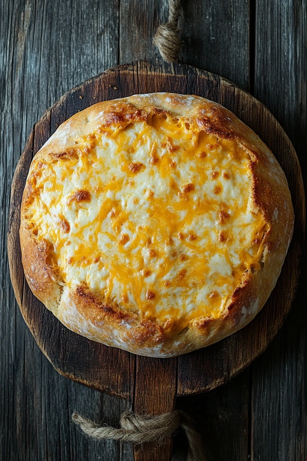 Andys east coast kitchen no knead cheese bread - the image shows a round bread dish on a wooden cutting board. the bread appears to be freshly baked and has a golden brown crust. it is topped with melted cheese, which is spread evenly across the top of the bread. the cheese is a bright yellow color and looks like it has been cooked to perfection. the cutting board is made of dark wood and is tied with a rope. the background is a rustic wooden table.