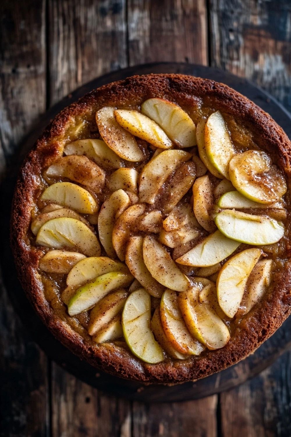 Apple cake korean - the image is a close-up of a freshly baked apple tart on a wooden table. the tart has a golden brown crust and is topped with sliced apples arranged in a circular pattern. the apples are cut into thin slices and are arranged in an overlapping manner, with some overlapping each other. the top of the tart is drizzled with a caramel sauce, giving it a shiny appearance. the table has a rustic, weathered look, with visible grain and knots. the overall mood of the image is warm and inviting.
