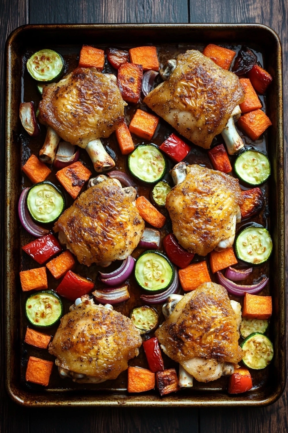 Baked chicken and vegetables sheet pan - the image shows a rectangular baking tray filled with roasted chicken and vegetables. the chicken is golden brown and appears to be seasoned with herbs and spices. the vegetables are cut into small cubes and are arranged in a circular pattern around the chicken. there are also sliced zucchini, carrots, and red onions scattered throughout the tray. the tray is placed on a wooden table.