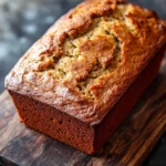 Banana bread cake mixes - the image shows a freshly baked loaf of bread on a wooden cutting board. the bread appears to be golden brown in color and has a crumbly texture on top. the loaf is sitting on a dark grey countertop with a textured surface. the background is blurred, making the bread the focal point of the image.