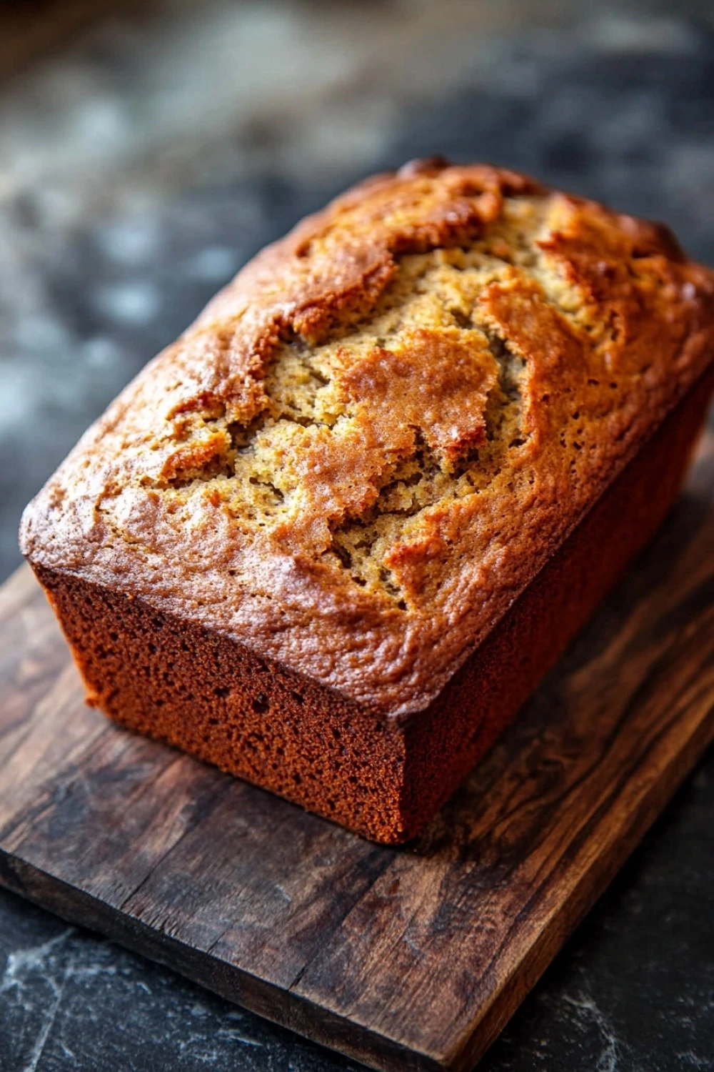Banana bread cake mixes - the image shows a freshly baked loaf of bread on a wooden cutting board. the bread appears to be golden brown in color and has a crumbly texture on top. the loaf is sitting on a dark grey countertop with a textured surface. the background is blurred, making the bread the focal point of the image.