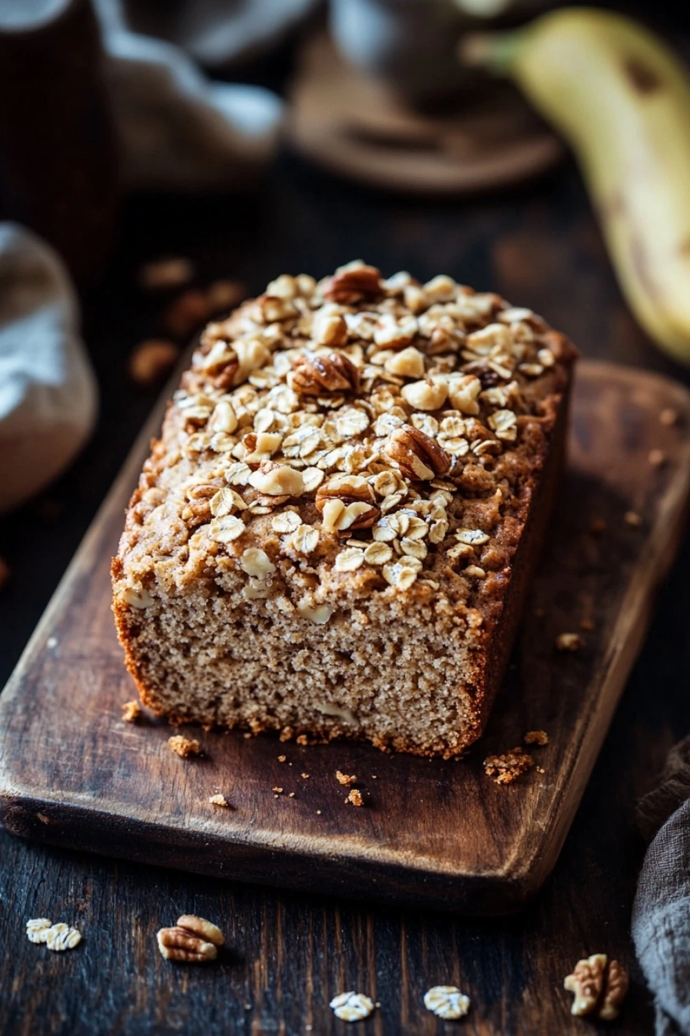Banana bread no baking - the image shows a freshly baked loaf of bread on a wooden cutting board. the bread is golden brown in color and has a crumbly texture. it is topped with chopped nuts, giving it a crunchy appearance. in the background, there is a banana, a cup of coffee, and a few scattered nuts on the table. the overall mood of the image is rustic and cozy.
