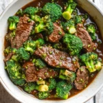 Beef and broccoli freezer meal crock pot - the image is a close-up of a bowl of beef and broccoli stir-fry. the beef is cooked medium-rare and appears to be seasoned with herbs and spices. the broccoli is bright green and looks fresh and healthy. the dish is served in a white ceramic bowl with a brown rim. the background is a wooden table with a rustic texture. the overall color palette of the image is warm and inviting.