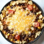 Beef casserole with ground beef and tortilla chips - the image is of a bowl of chili con carne. the chili is made with ground beef, black beans, corn kernels, and diced tomatoes. it is topped with melted cheese and tortilla chips. the bowl is black and is sitting on a white marble countertop.