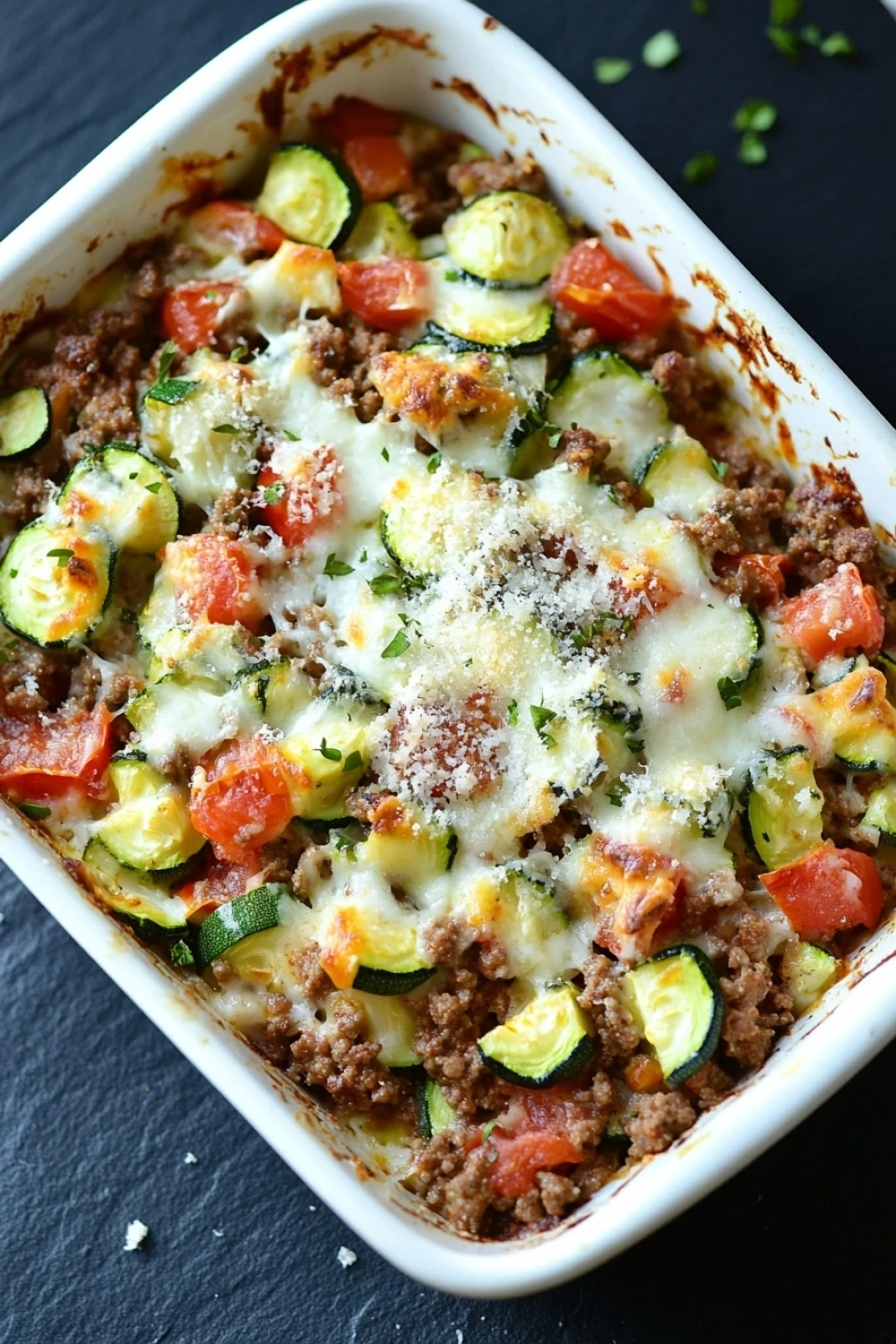 Beef casserole with ground beef and zucchini - the image shows a white rectangular baking dish filled with a dish of food. the dish appears to be a casserole or lasagna, with layers of ground beef, zucchini, tomatoes, and other vegetables mixed in. the top of the dish is covered in a layer of melted cheese, which is sprinkled with grated parmesan cheese. the vegetables are bright red and appear to be seasoned with herbs and spices. the background is a dark grey countertop, and there are a few sprigs of parsley scattered around the dish.