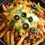 Beef enchilada pasta skillet - the image is a close-up of a bowl of pasta dish. the pasta appears to be penne, which is a type of penne pasta, and it is topped with ground beef, diced tomatoes, black olives, and melted cheese. the dish is garnished with fresh cilantro leaves. the bowl is made of dark brown ceramic and is sitting on a wooden table. the background is blurred, but it seems to be a rustic kitchen countertop.
