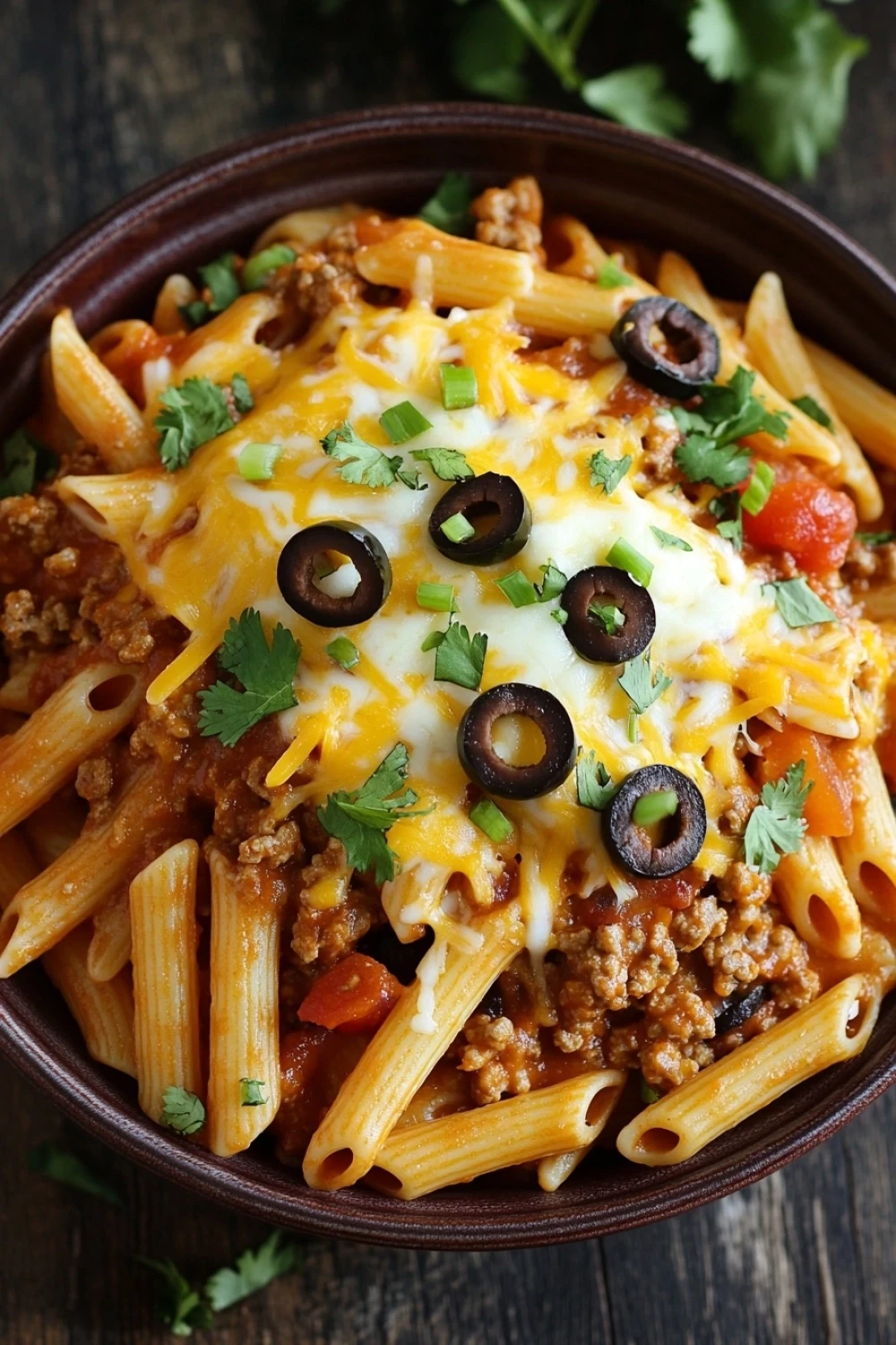 Beef enchilada pasta skillet - the image is a close-up of a bowl of pasta dish. the pasta appears to be penne, which is a type of penne pasta, and it is topped with ground beef, diced tomatoes, black olives, and melted cheese. the dish is garnished with fresh cilantro leaves. the bowl is made of dark brown ceramic and is sitting on a wooden table. the background is blurred, but it seems to be a rustic kitchen countertop.