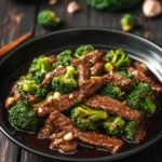 Beef with broccoli freezer meal - the image shows a black plate with a dish of beef and broccoli on it. the beef appears to be cooked medium-rare and is covered in a dark brown sauce. the broccoli is bright green and looks fresh and healthy. the dish is served on a wooden table with a few pieces of garlic scattered around. there is a small bowl of white sauce on the side of the plate and a pair of chopsticks resting on the table. the background is blurred, but it seems to be a rustic kitchen countertop.