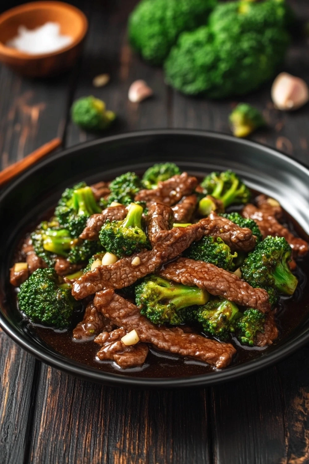 Beef with broccoli freezer meal - the image shows a black plate with a dish of beef and broccoli on it. the beef appears to be cooked medium-rare and is covered in a dark brown sauce. the broccoli is bright green and looks fresh and healthy. the dish is served on a wooden table with a few pieces of garlic scattered around. there is a small bowl of white sauce on the side of the plate and a pair of chopsticks resting on the table. the background is blurred, but it seems to be a rustic kitchen countertop.